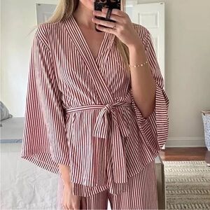 LAKE Dreamknit Red Stripe Kimono Pajama Top Size Small